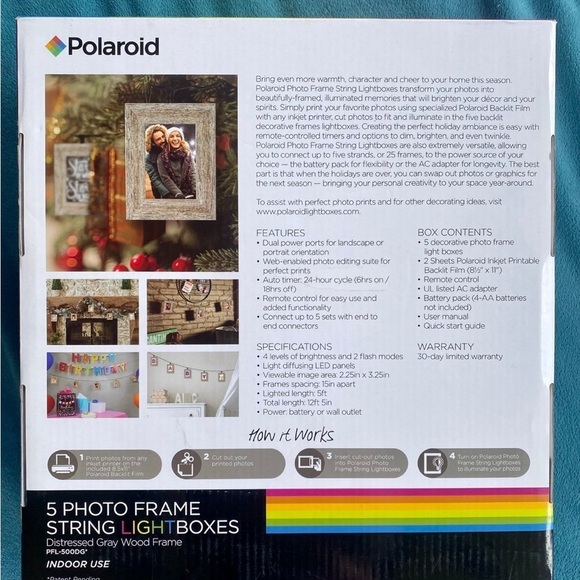 Polaroid 5 Photo Frame String Lightboxes-Distressed GRAY Wood Frame, Sealed New - Picture 2 of 3
